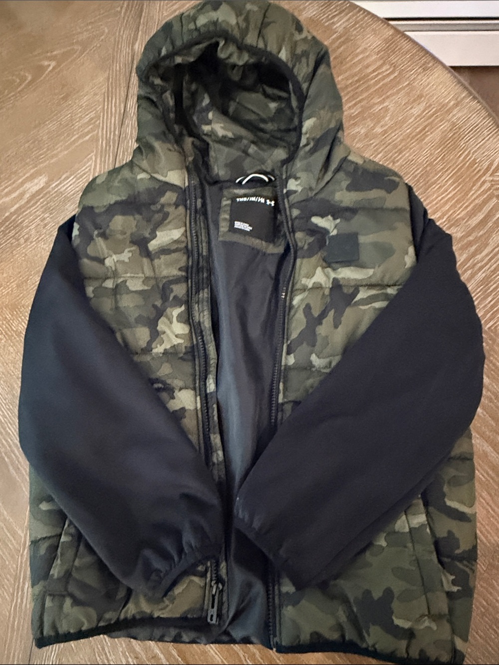Kids Camo Hooded Puffer Jacket - Black Sleeves